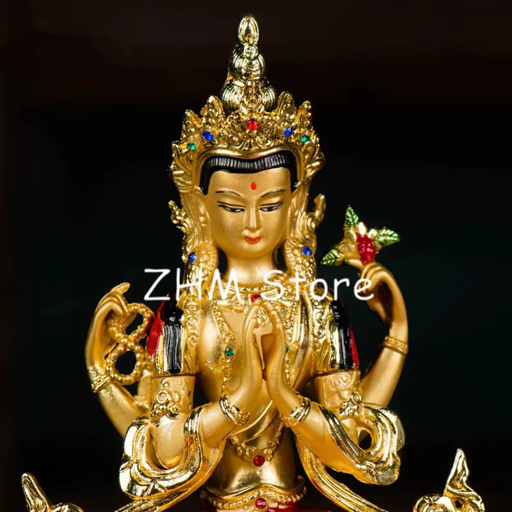 14.8cm Multi Plated Buddhist Avalokitesvara Bodhisattva Four-Arms Guanyin Figure Statue