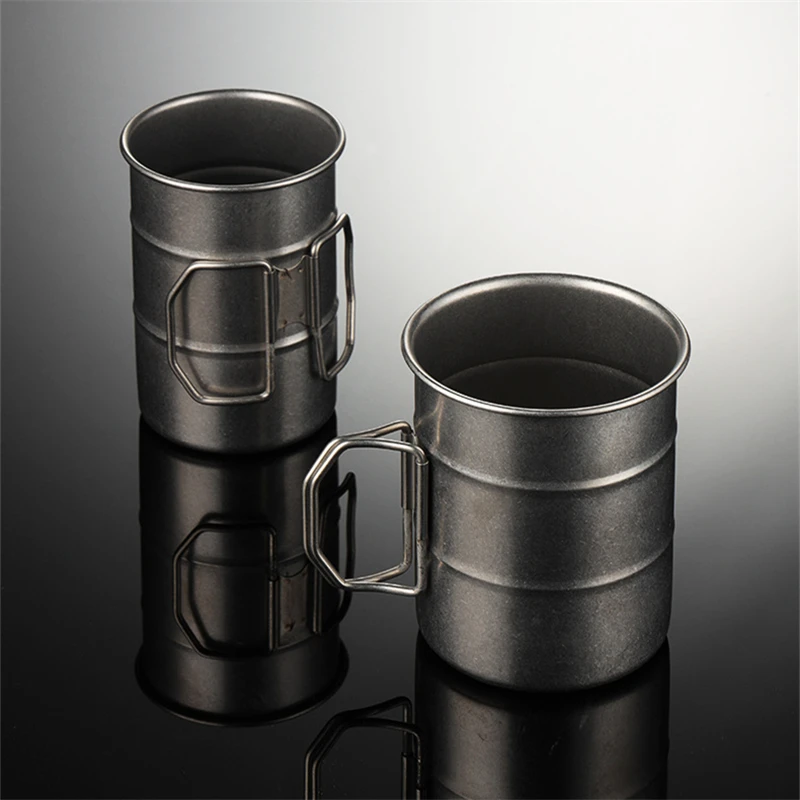 الرجعية الفولاذ المقاوم للصدأ التخييم في الهواء الطلق أكواب مياه أكواب البيرة للطي مقبض النفط برميل شكل أكواب القهوة سعيدا إلى الأصدقاء #6