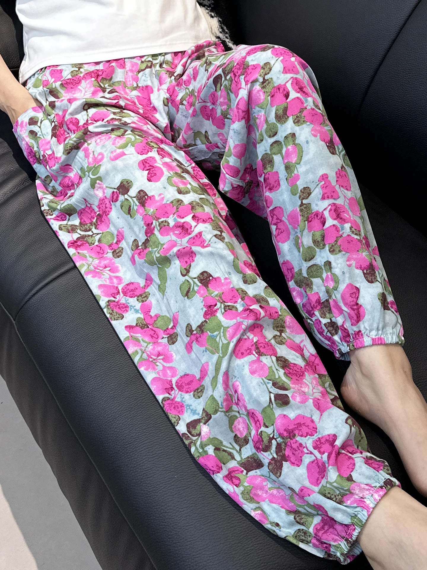 Cool Summer New Silk Cotton Pajama Pants Women's Artificial Silk Loose Long Pants Floral Print Casual High Waist Ela...