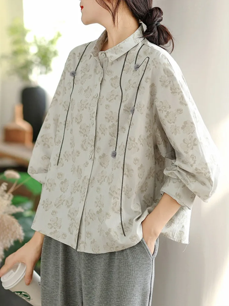 Artistic Pure Cotton Long Sve irt Women's Autumn Ele Design 3D Flower Embroidery Full Cotton Top Button up irt