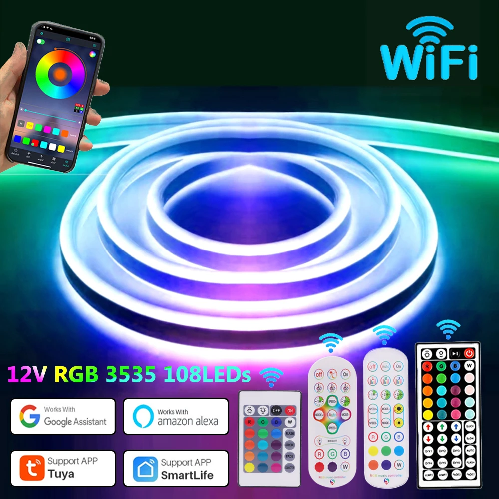 

12V RGB Neon LED Strip Bluetooth WiFi 3535 108LEDs/m Neon Sign IP67 Waterproof RGB Tape With Remote Control Power Kit Room Decor