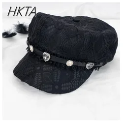 Japanese Y2k Black Love Gem Leather Octagonal Cap Autumn Winter Hat New Fashion Lolita Hats Design Sense All-Matching Beret Caps