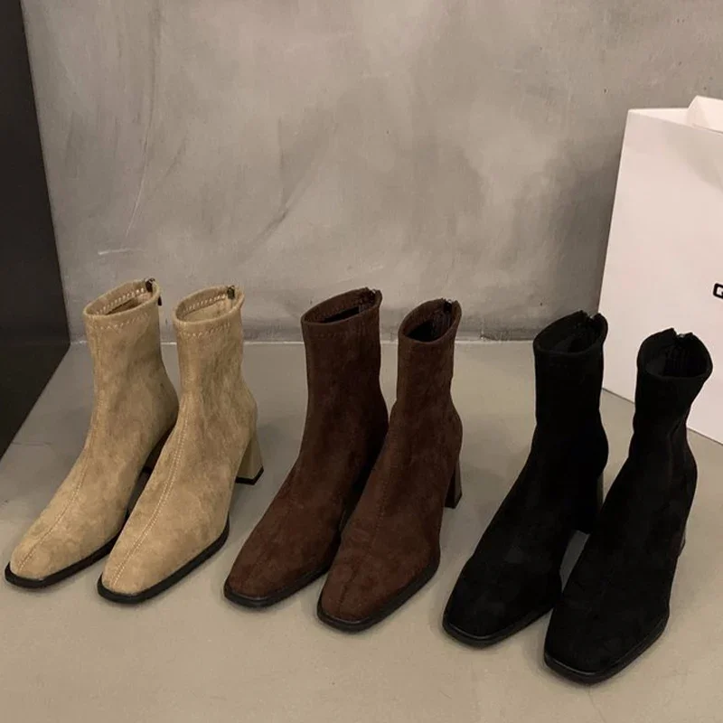 High Heels Women Snow Ankle Boots Suede Square Toe Shoes Winter Designer Chelsea Boots 2025 Trend Goth Gladiator Botas De Mujer