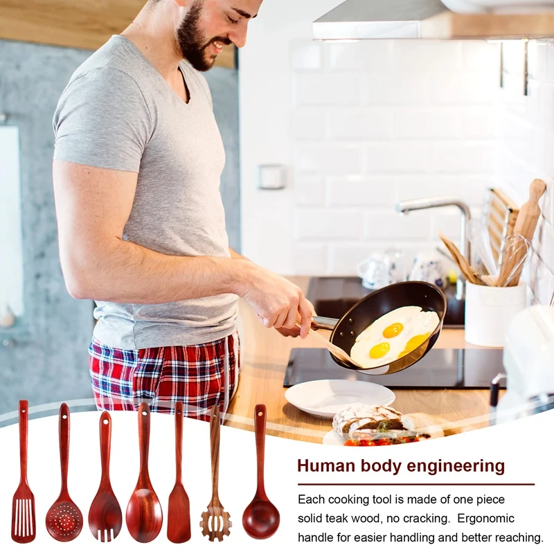 ●Wooden Kitchen Utensils Set,Wooden Spoons for Cooking Natural Teak Wood Kitchen Spatula Set for Including 7 Pack