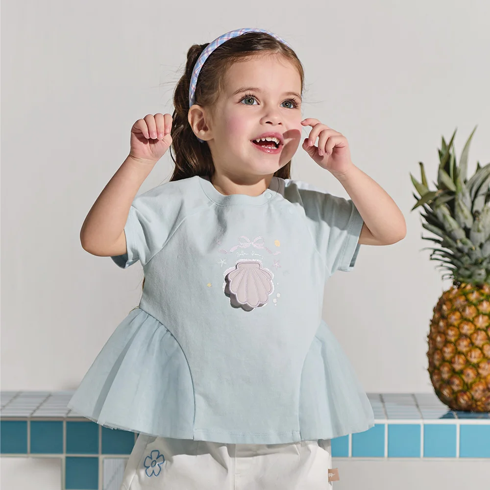 Dave Bella Girls T-shirts Summer Short Sleeves Children Tops Casual Fashion Sweet Cool Kids Embroidery Outdoor Clothes DB2262390