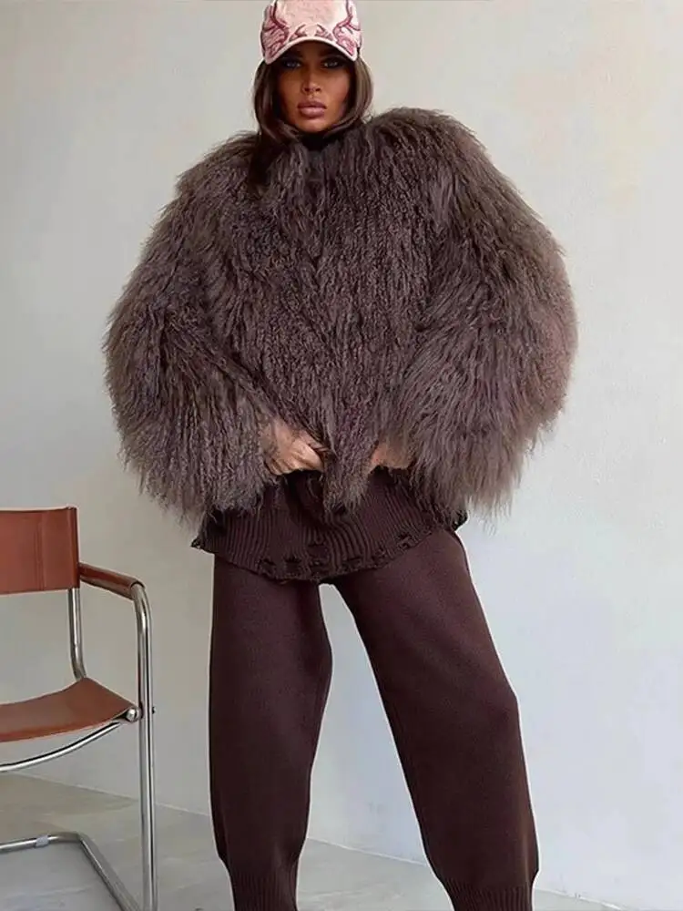Feminino em torno do pescoço solto mangas compridas grosso pelúcia jaqueta curta inverno nova moda marrom casaco de pele do falso