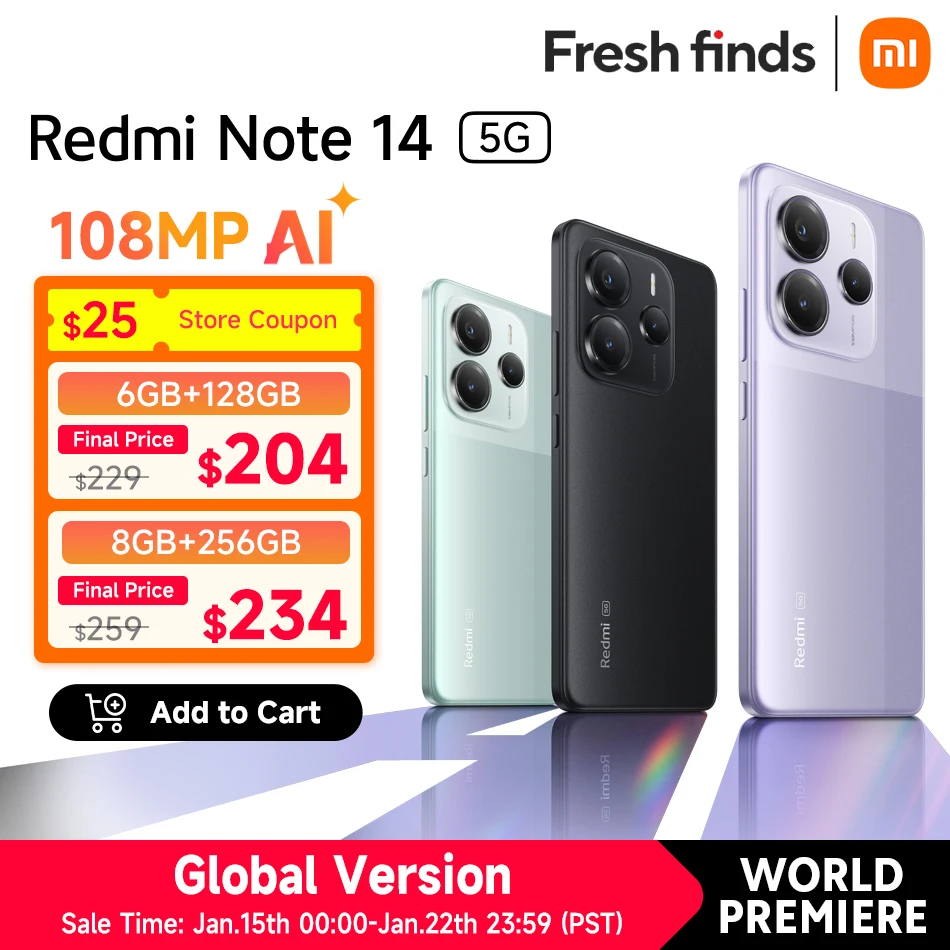 [World Premiere] Xiaomi Redmi Note 14 5G Global Version NFC Smartphone MTK Dimensity 7025-Ultra 108MP Camera 45W Turbo Charging