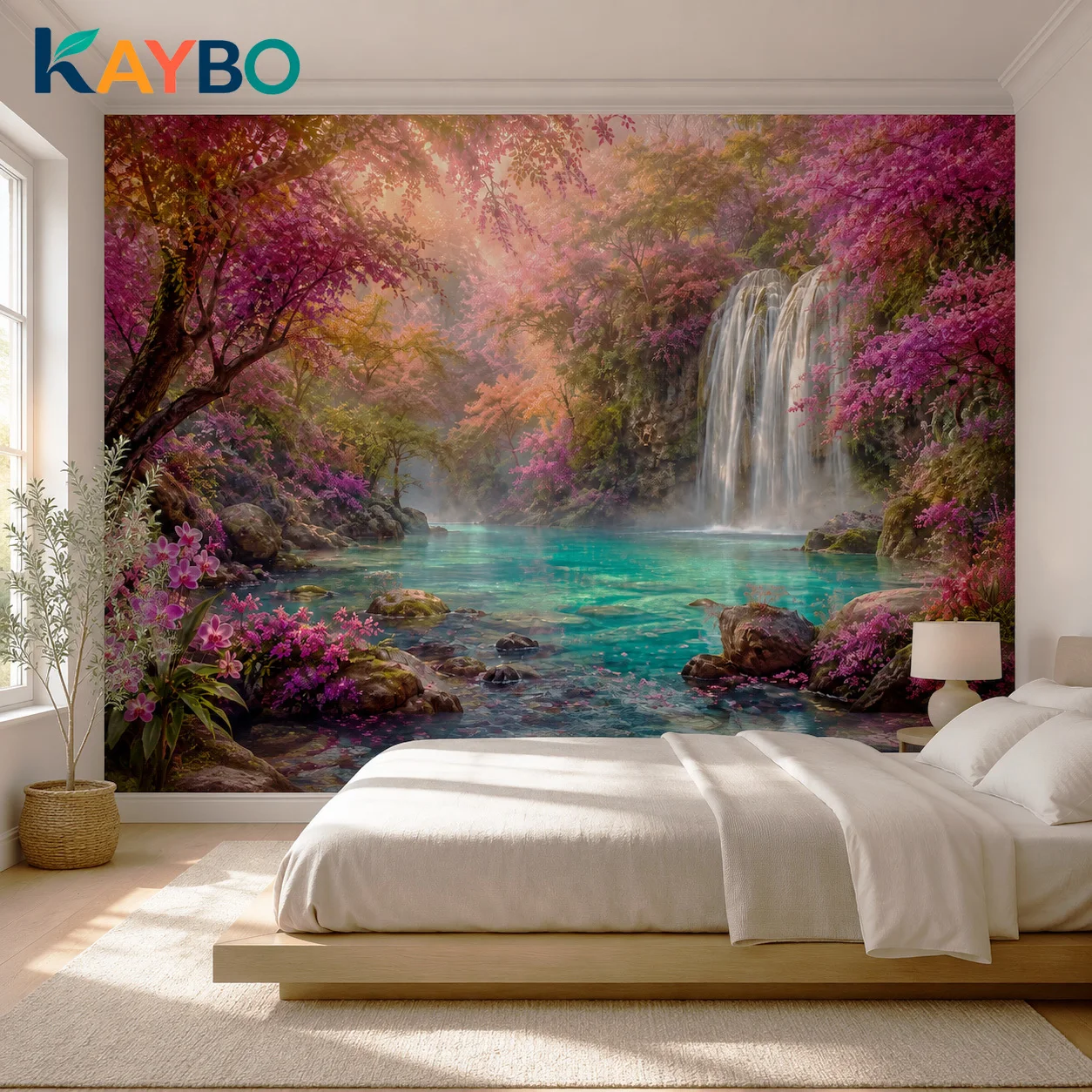 Waterfall Forest Wallpaper Mural Custom Pink Floral Nature Wall Art Living Room Bedroom Non Self Adhesive