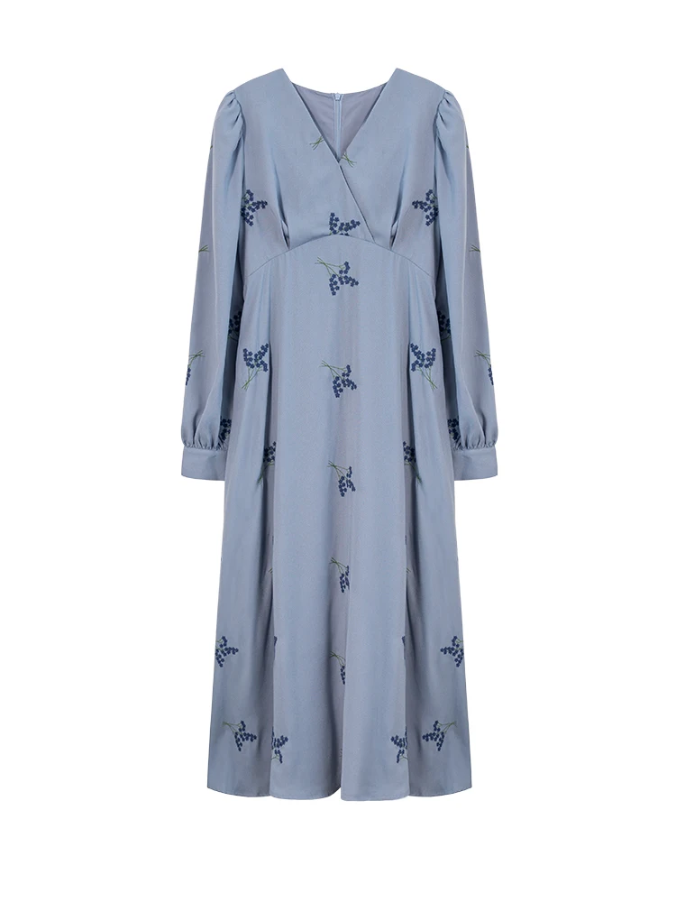 Vestido elegante bordado azul |   Midi floral com decote em V e manga comprida |   Roupa casual de outono com design de ombro slim fit para mulheres