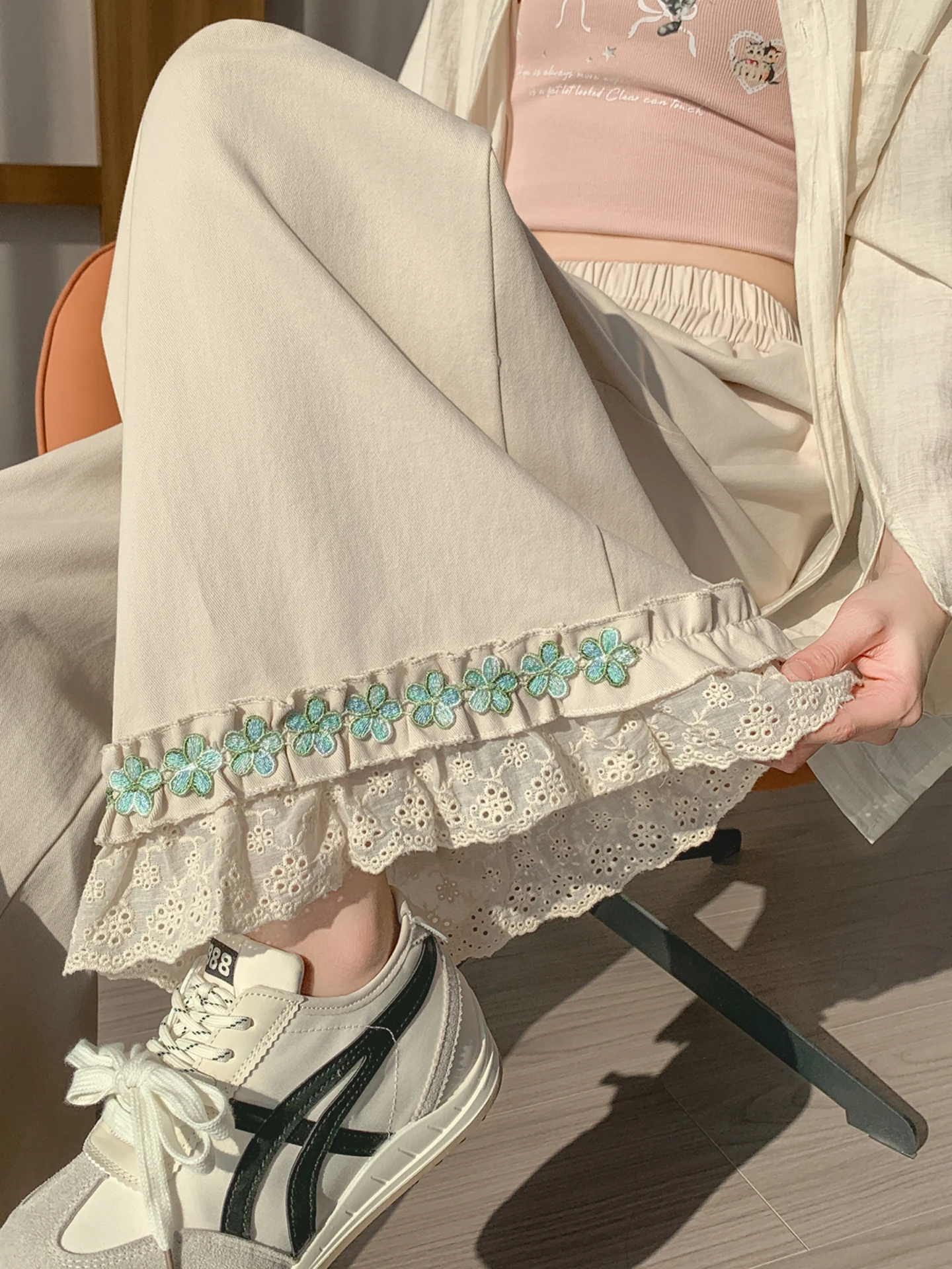 

Washed Cotton Wide Leg Pants Women Summer Thin Loose Elastic Loose Slim Straight Lace Draping Nine Points Casual Trousers