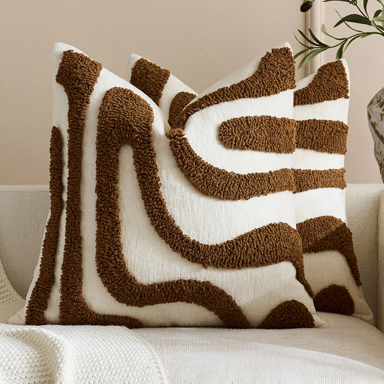 2-Pack 45cm Abstract Curve Pillow Covers 3D Flocking Textured Wabi-Sabi Style Versatile Soft Decorations for Any Room