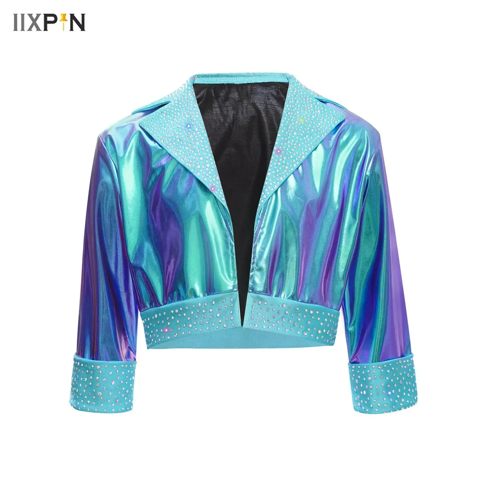 Kids Girls Jacket Jazz Hip Hop Dance Top Outerwear Lapel Collar Long Sleeve Shiny Rhinestones Metallic Coat Street Dancewear