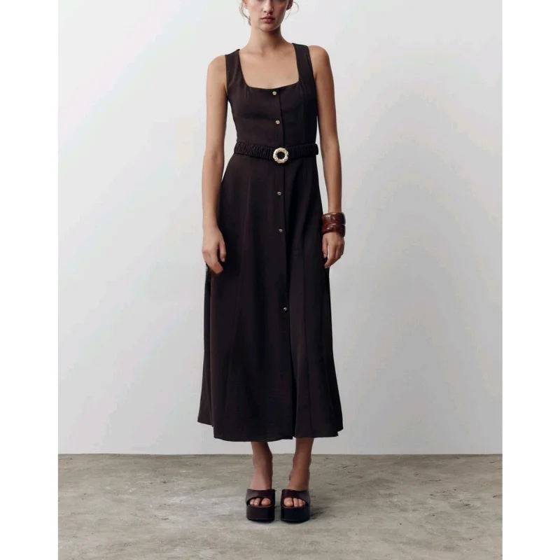 Été nouveauté femmes trajet Sle bouton décoré ceinturé col carré ter Midi Dr taille haute a-ligne jupe