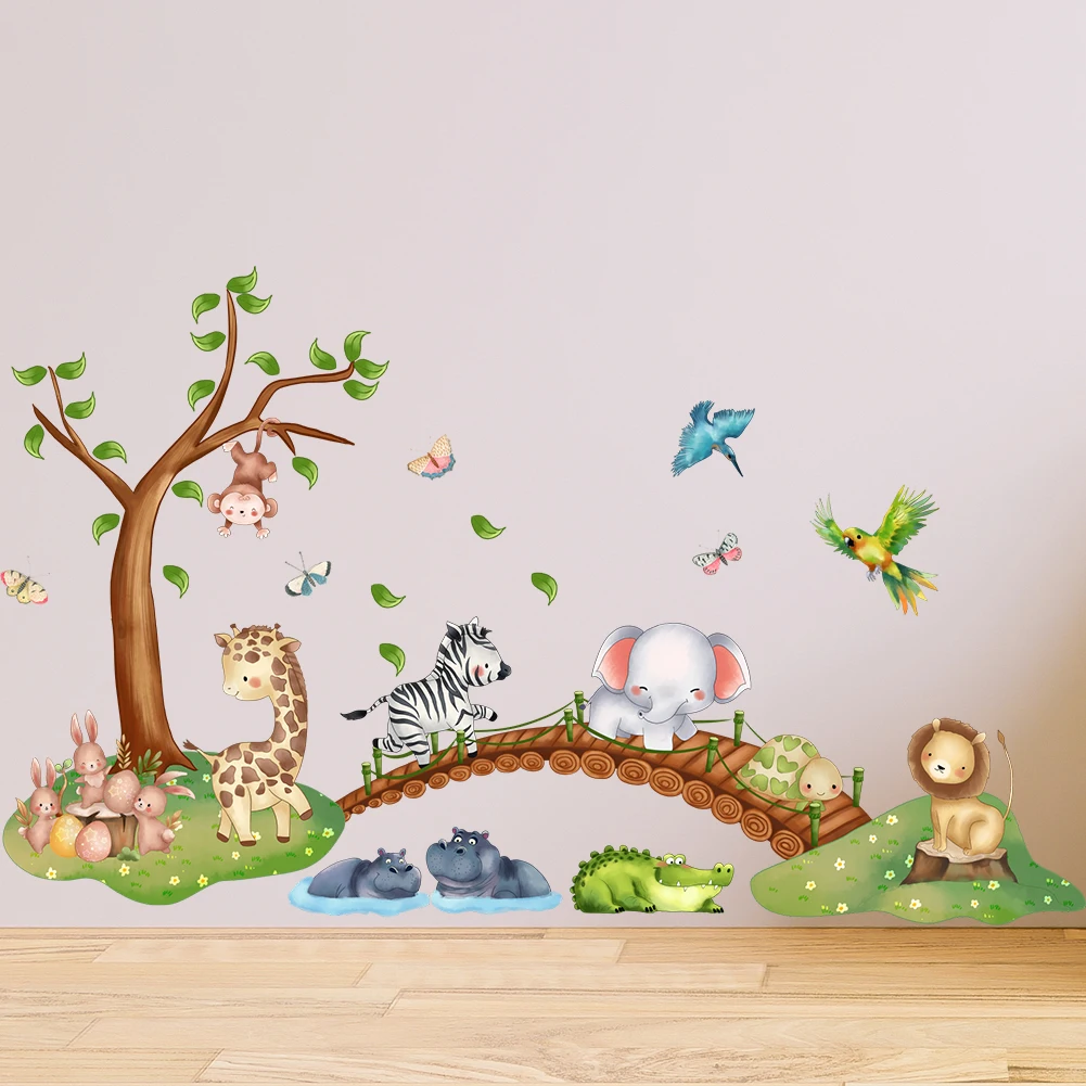 Autocollant mural imperméable en PVC, Animal de dessin animé, éléphant, zèbre, girafe, pont, décoration de maison pour chambre d'enfant, maternelle