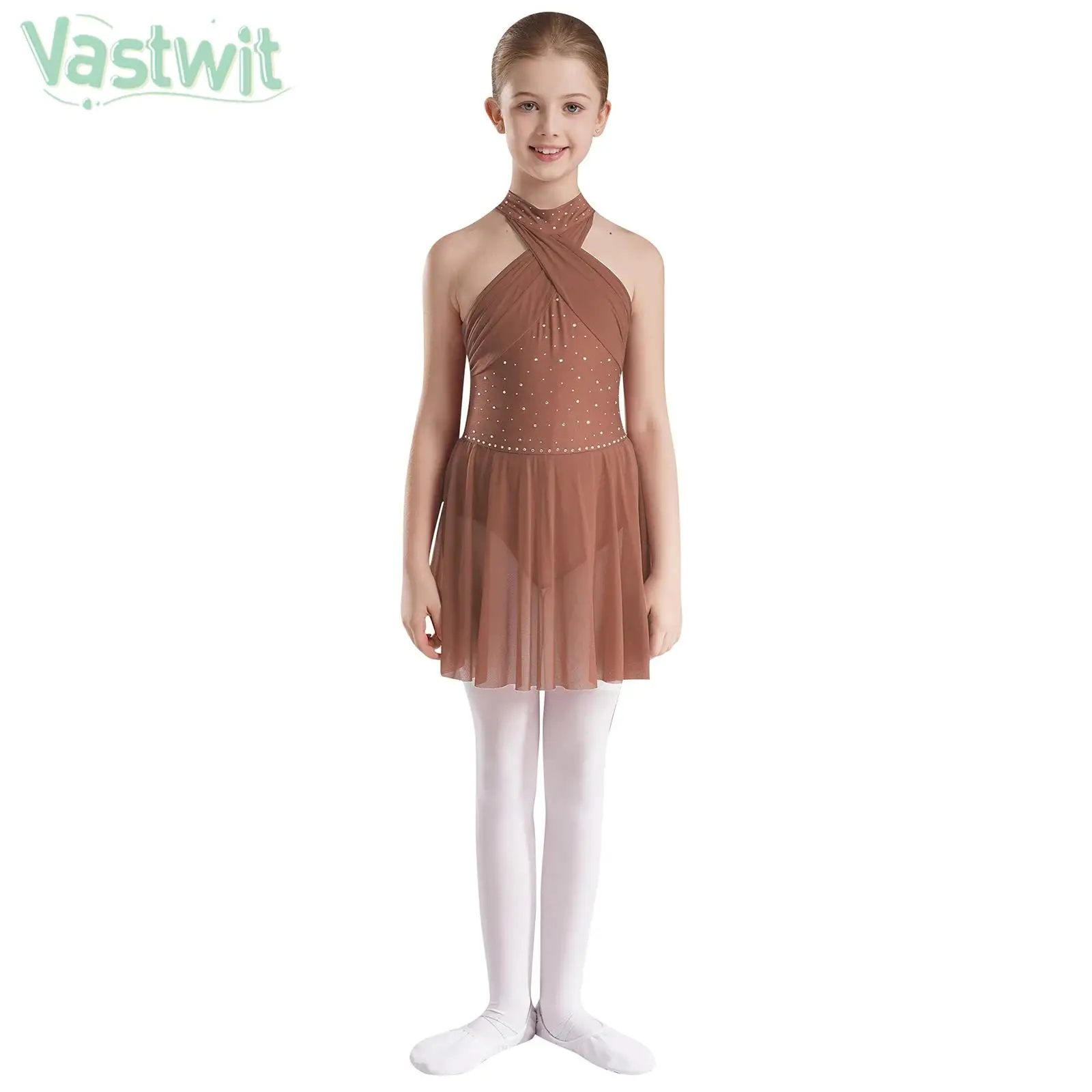 Kids Girls Modern Lyrical Dance Figure Skating Rhythmic Gymnastics Ballet Performance Costume Rhinestone Mesh Tutu Leotard Dress