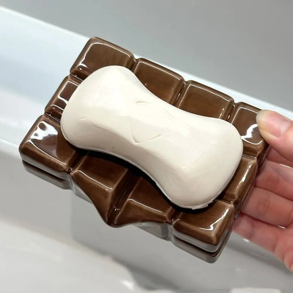 

Portable Ceramic Soap Dish Holder Chocolate Shape Drain Water Soap Rack Square Creative Soap Tray Bathroom