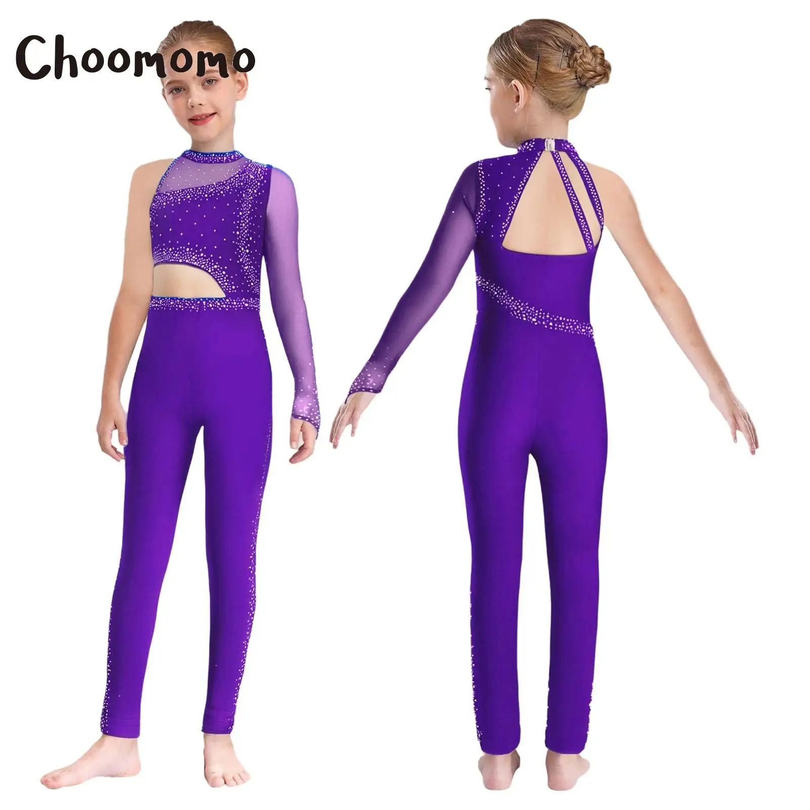 Combinaison de gymnastique de Ballet pour enfants filles, Costume de spectacle de danse de patinage artistique, maille transparente, strass découpés, justaucorps complet du corps