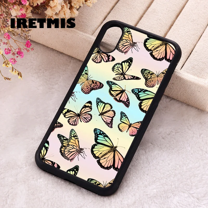 Iretmis Phone Cover Cases For iPhone X XS Max XR 11 12 13 PRO MINI 14 15 16 Plus Rubber BUTTERFLY PASTEL TIE DYE RAINBOW