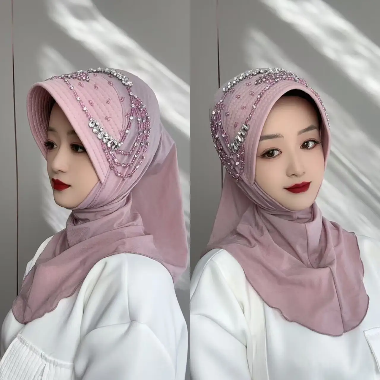 New Muslim Star Tao yarn fabric handmade convenient scarf with pull-on sponge hat brim and hand-sewn rhinestones