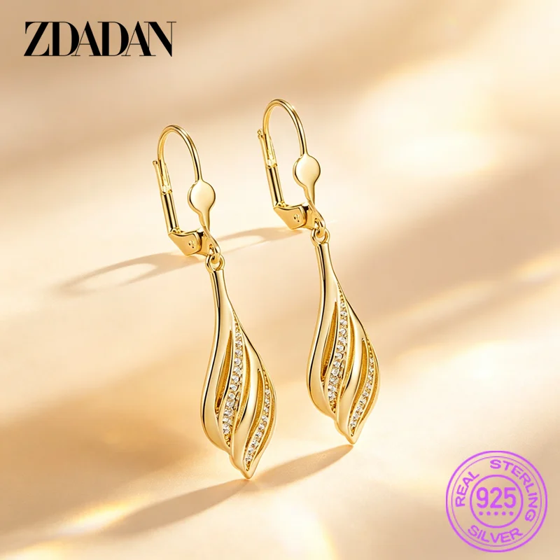 ZDADAN 925 Sterling Silver 18K Gold Water Drop Leaves Long Drop Earrings For Women Party Jewelry