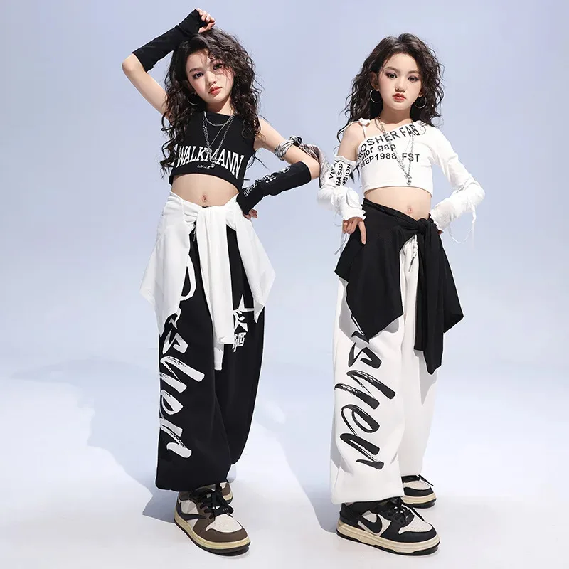 طفل الهيب هوب الملابس البيضاء واحد الكتف المحاصيل الأعلى تي شيرت أسود تانك عارضة عرق عداء ببطء السراويل للفتيات أزياء رقص الملابس