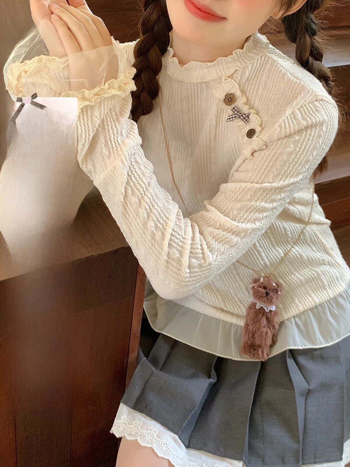 

Вязаный топ Bibibency Sweet School с рюшами на воротнике, женский, с длинным рукавом, для ношения под одеждой, из полиэстера, стандартный крой