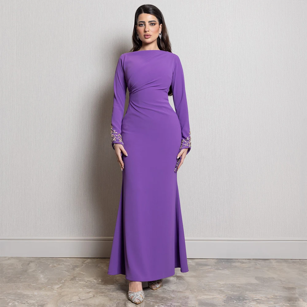 New Arrival 2024 Prom Dress Boat Neck Long Sleeve Crystal Beading Ankle Length Lavender Mermaid Evening Gown Formal Dresses