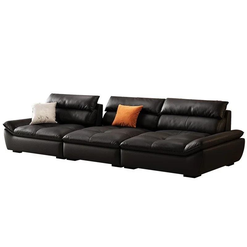 

Sailing sofa super wide sitting deep retro style living room straight row adjustable backrest black leather sofa