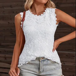 Summer Sleeveless Women Blouses Fashion Lace Casual Vintage Floral Vest Elegant Sexy Top Flower Embroidery Shirt