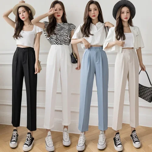 Pantalones de traje negros de cintura alta para mujer, pantalones de negocios Harem, pantalones delgados con bolsillo de estilo coreano, moda de verano
