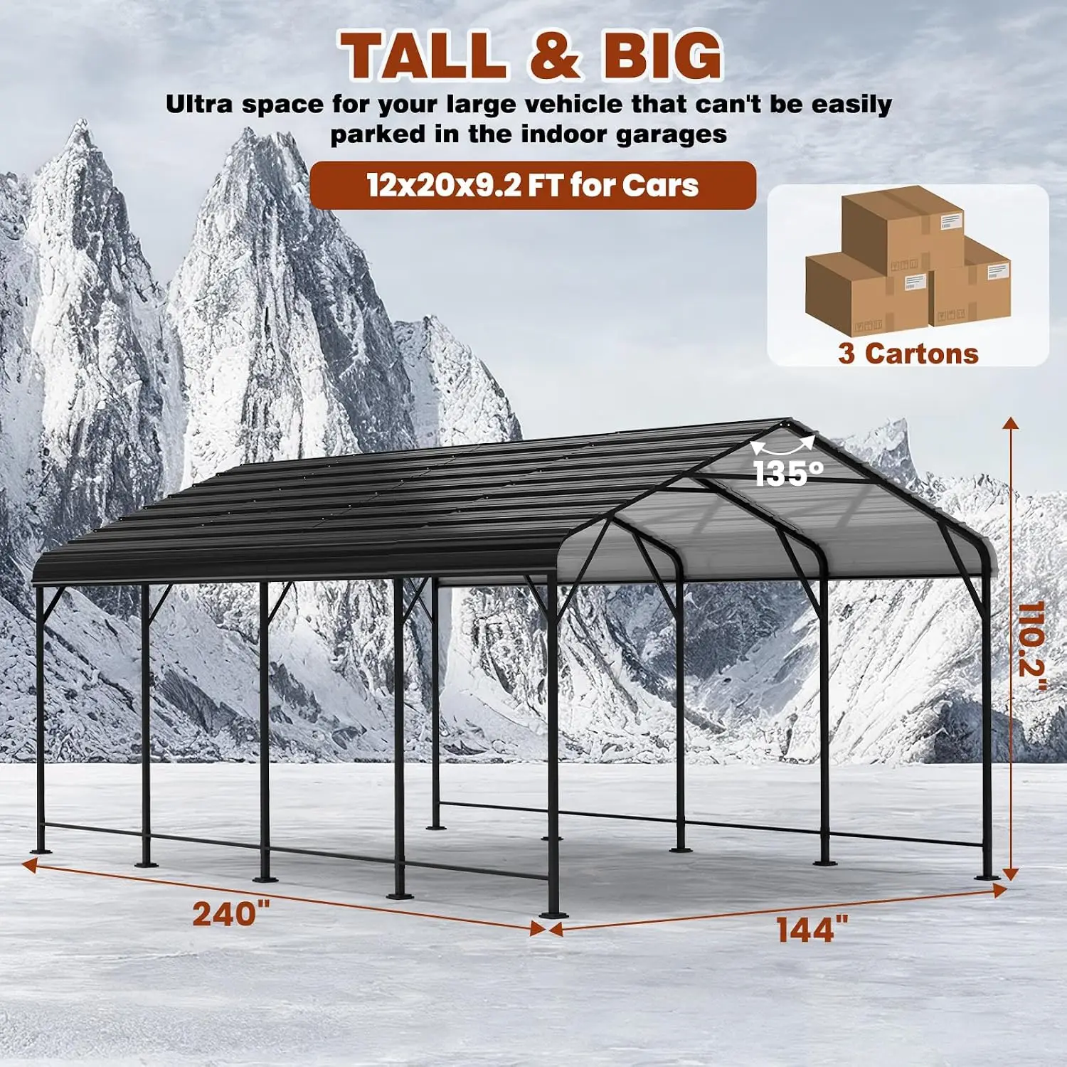 12 x 20 FT Heavy Duty Metal Carport Galvanized Steel Car Canopy With Reinforced Base Frame Outdoor Shelter For Cars Trucks Boats Tractors RV Black
