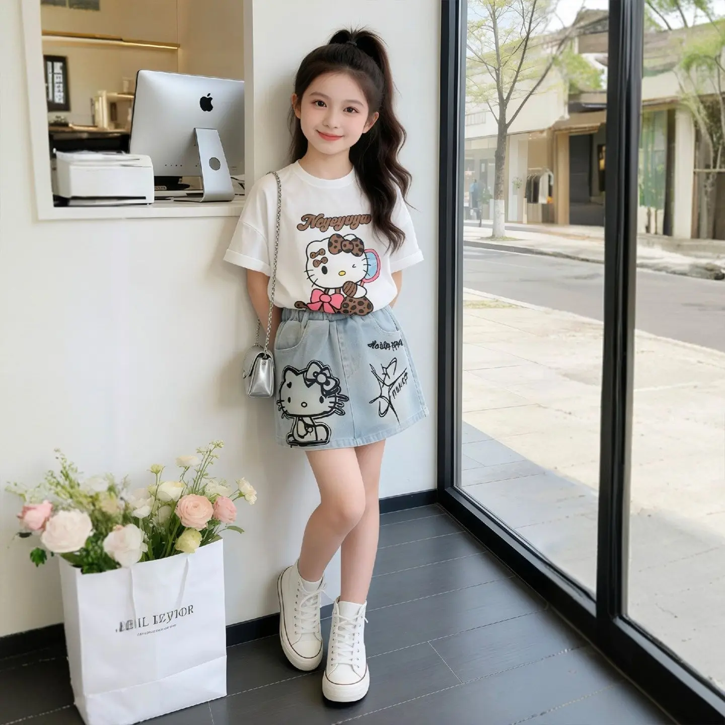 

Kawaii Leopard Print Hello Kitty Clothes Set for Girls Summer 2Pcs Oversized T-Shirt Denim Skirt Cute Toddler Kids Outfit New