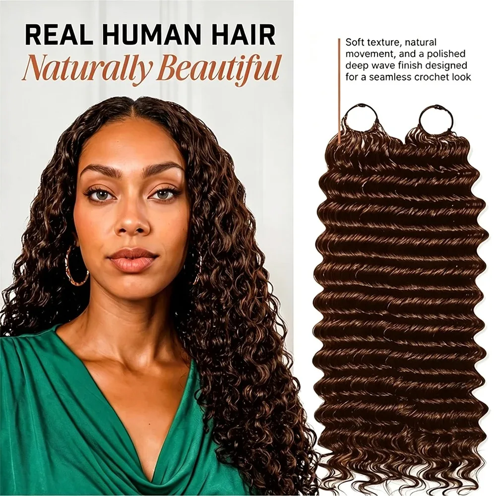Chocolate Brown Miracle Knots Hair 28Inch Deep Wave Human Crochet Hair For Black Women Pre-Separated Feather Crochet Hair Extensions ﻿