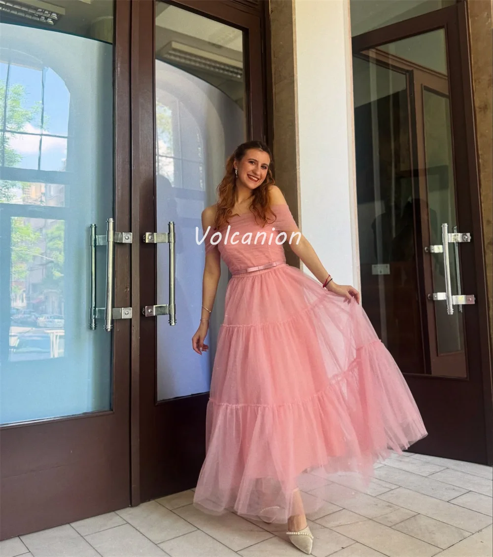 Customized Pastrol Casual Tulle Tiered Ruched Sash Bow Ball Gown Off-the-shoulder Ankle Length Dresses Bespoke Occasion Dresses