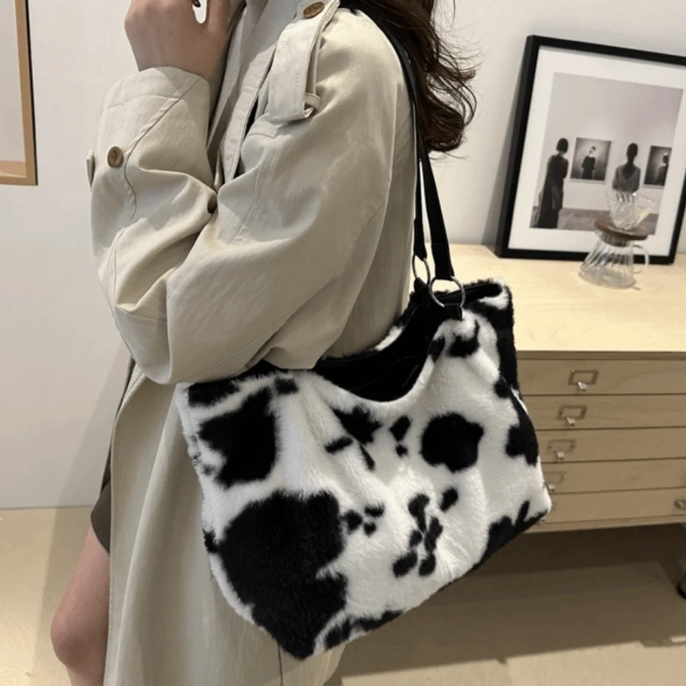 Gift Large Capacity Plush Tote Bag Versatile Durable Cow Print Shoulder Bag Soft Fluffy Underarm Bag Women