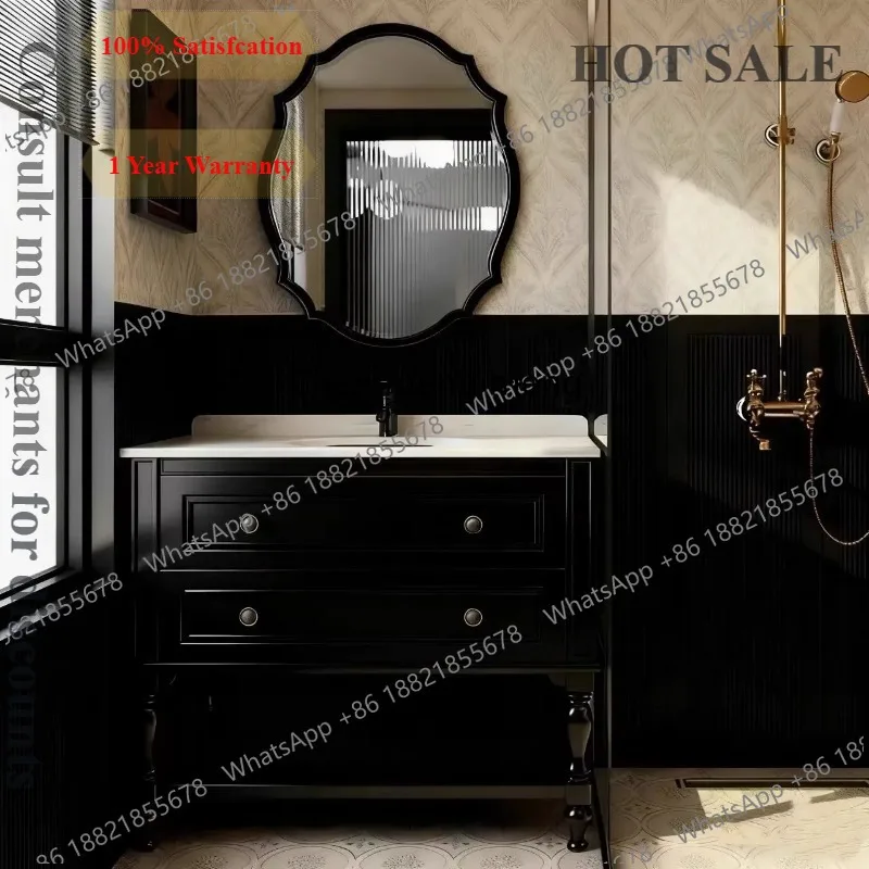 Mueble de Baño L178 de Roble Francés, con Lavabo Integrado de Cerámica, Estilo Antiguo Americano, Gabinete de Baño de Madera Sólida