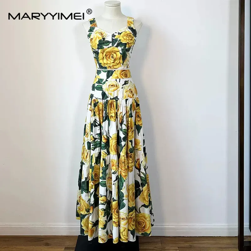 MARYYIMEI wiosenna letnia moda damska bawełniana elegancki top z głęboki dekolt rękawem + żółta nadruk z różą pół spódniczka wakacyjna
