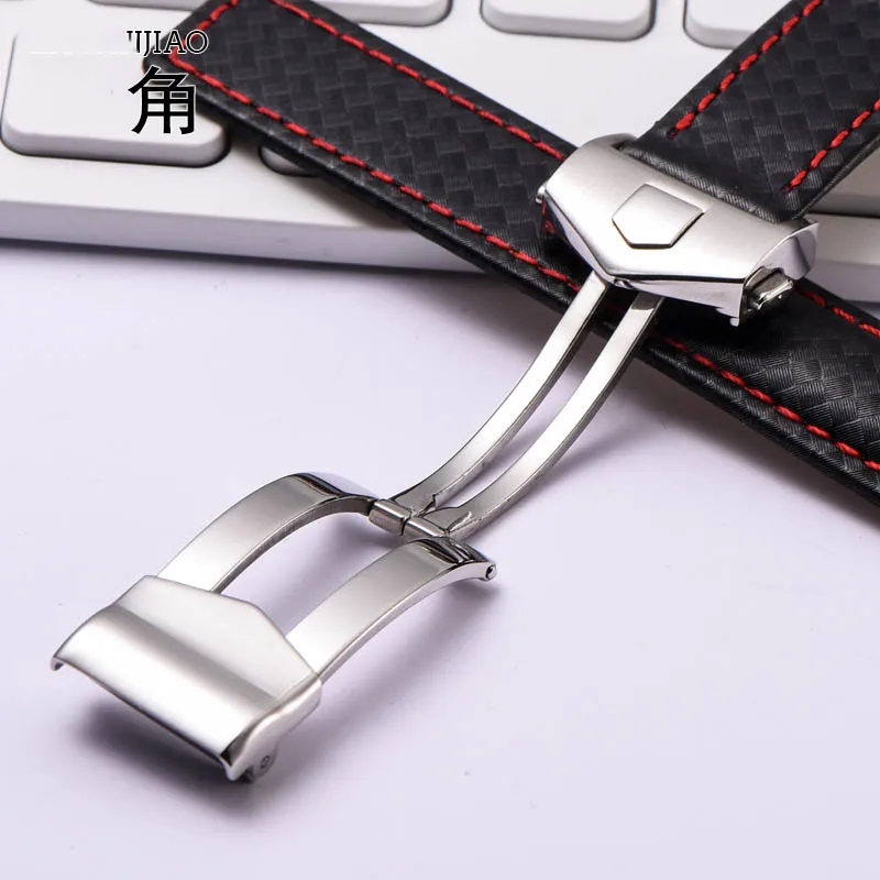 Carbon fiber texture genuine leather bottom watchband For Tag-heuer men's black with red line strap 20 22mm with folding buckle