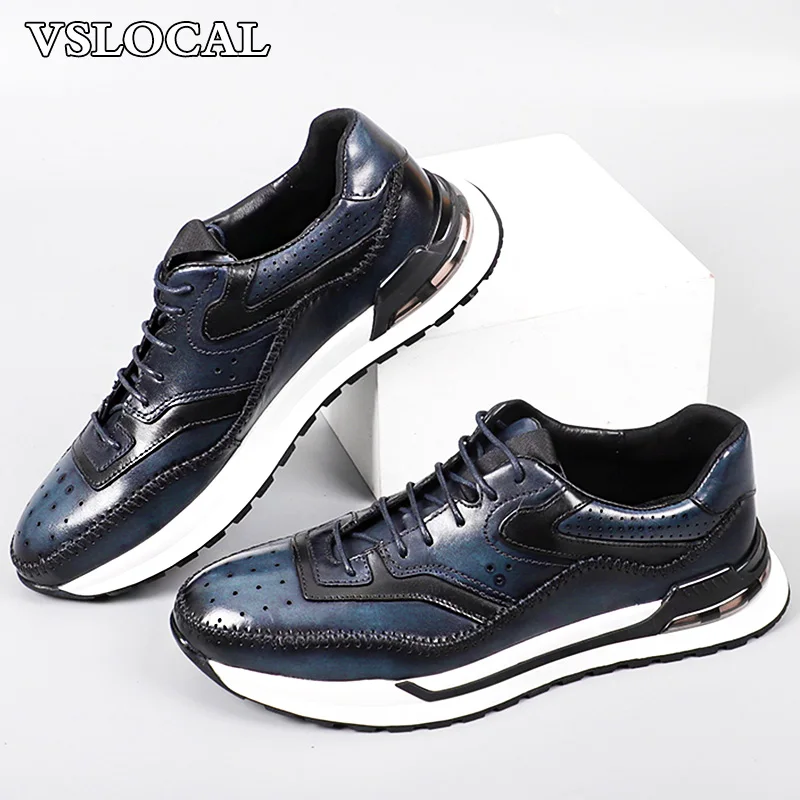

Fashion Men Casual Shoes Lace up Blue Brown Mens Dress Shoes Sneaker Lace up Outdoor Daily Genuine Leather Shoes for man