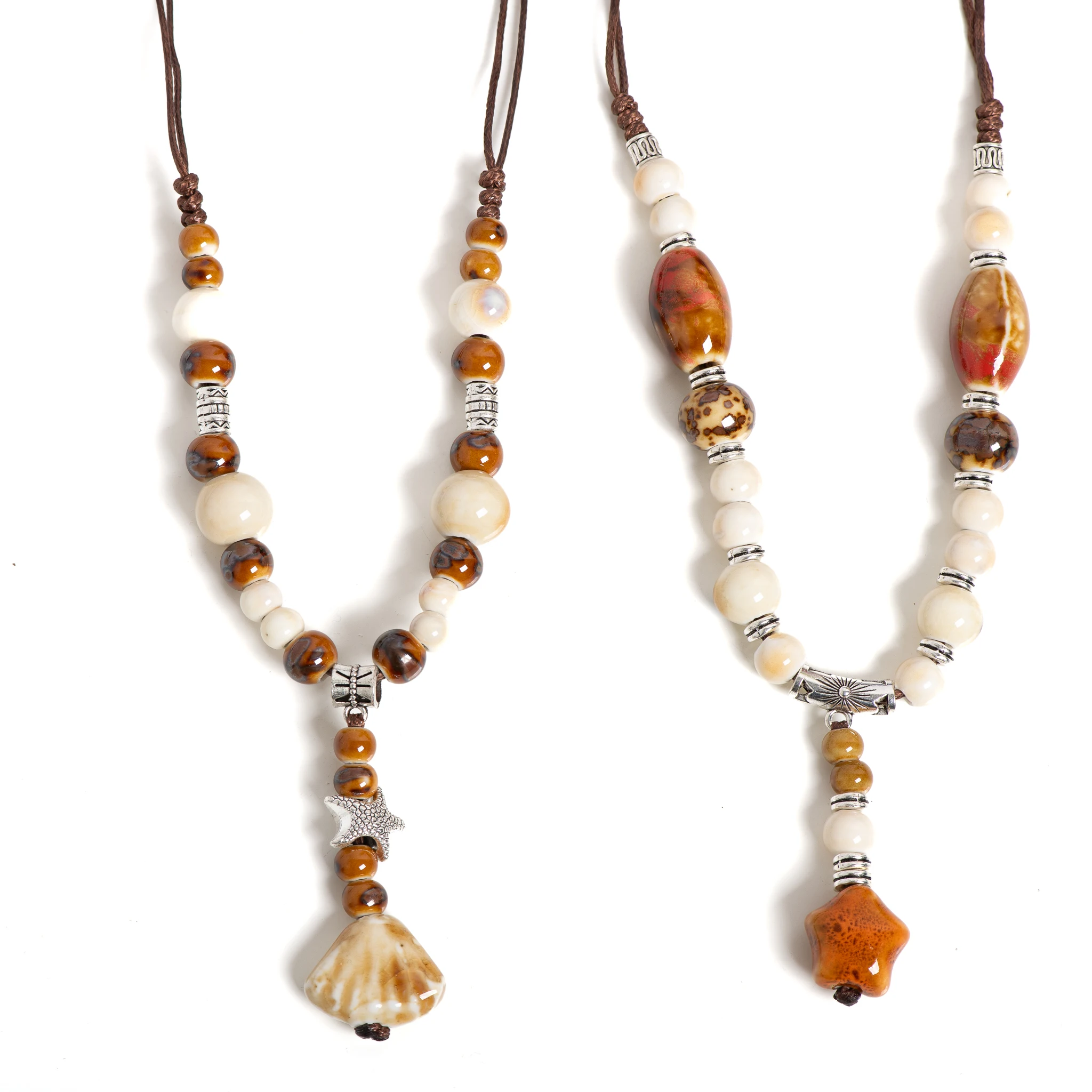 Colar de concha de estrela do mar de cerâmica vintage boho joias artesanais para mulheres pingente longo ajustável 40-80cm 197