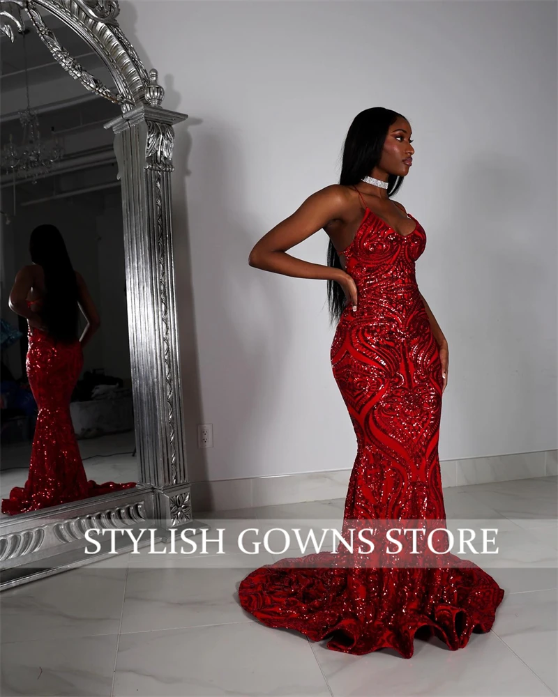 African Black Girl Prom Dress Sparkly Sequined Mermaid Formal Gown Evening Gowns Red Luxury Dresses Birthday Party Customized