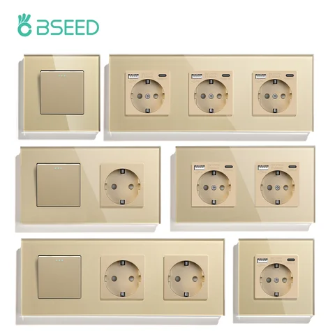 BSEED 1/2/3Gang Interruttore meccanico della luce da parete 1 via con prese di corrente Porte di ricarica USB Type-c Pannello in vetro standard UE Oro