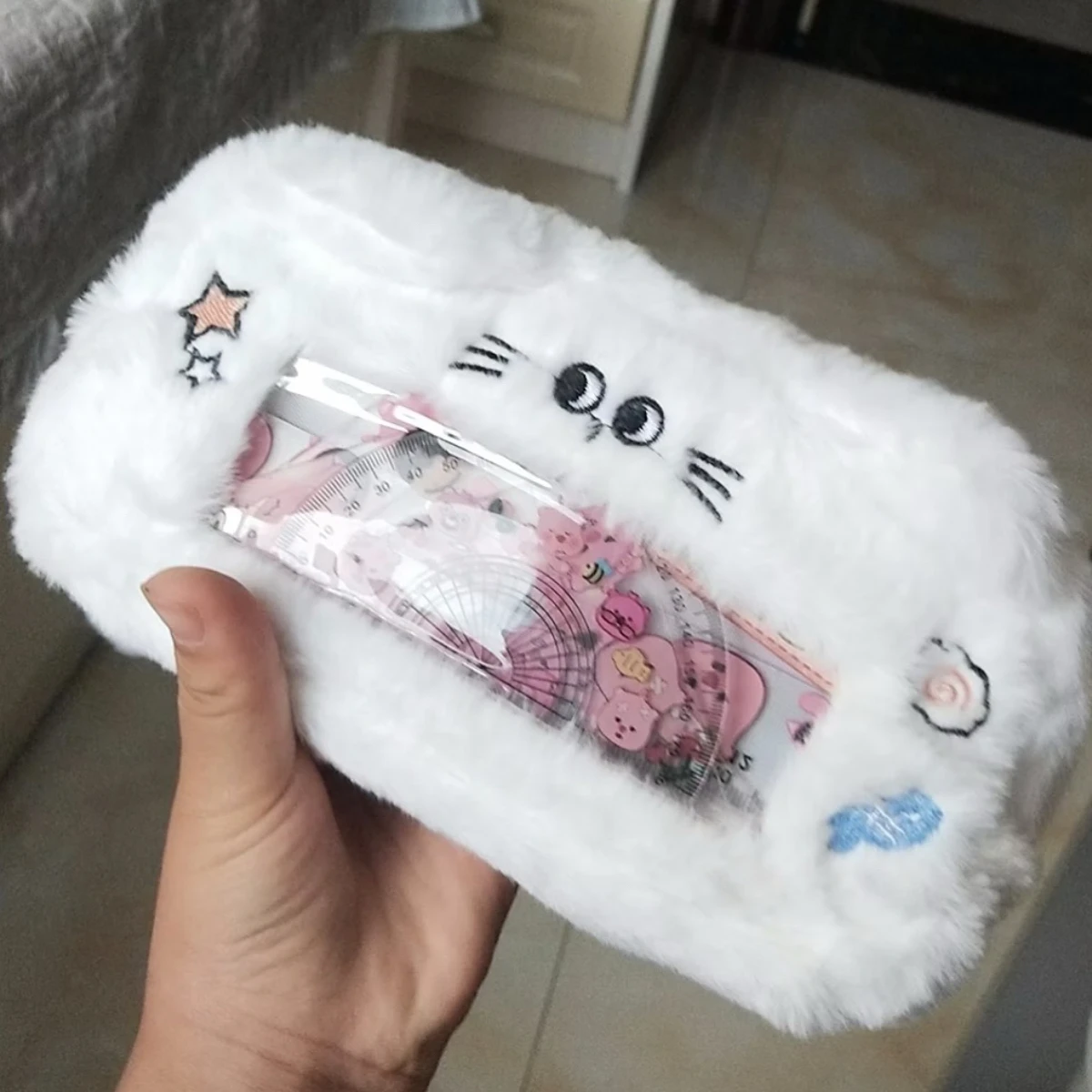 1Pc White Plush Puppy Pencil Case, with Embroidered Cat Ears, Puppy, Star, and Fish Designs, Stationery Storage Bag, Transparent Window Pencil Case, Pencil Storage Bag, Can Hold Idol Cards and Id Photos, Large Capacity