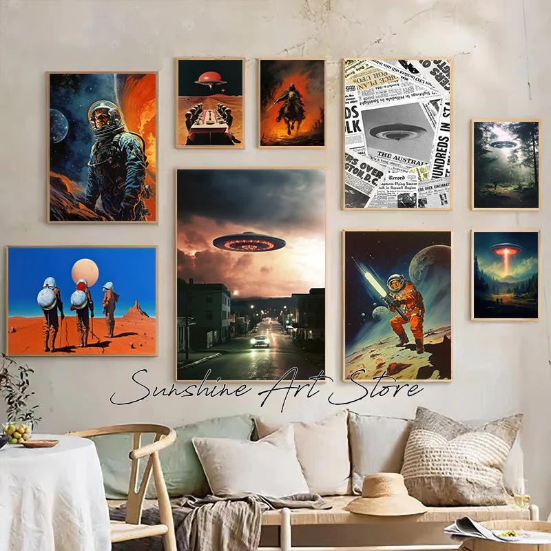 Póster de Lona con Diseño de Astronauta, Extraterrestre, Tecnología, Planeta, OVNI, Estilo Cómic Espacial Vintage, Decoración de Pared para el Hogar