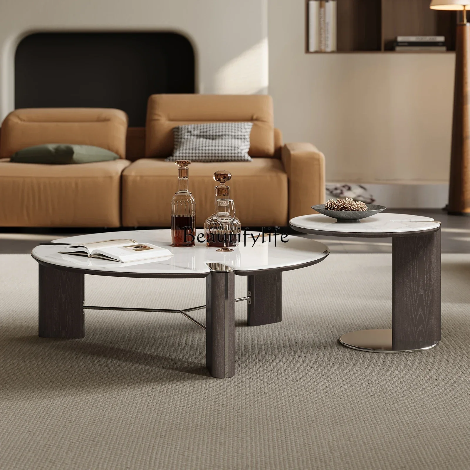 

46Living room Italian minimalist microcrystalline stone round edge few antique modern high-end household solid wood