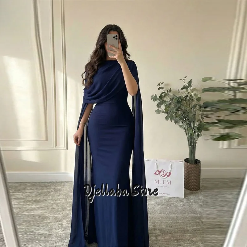 

Navy Blue Chiffon Evening Dresses Cape Sleeves O-Neck Long Mermaid Prom Dresses Simple Dubai Prom Gowns Women Customized