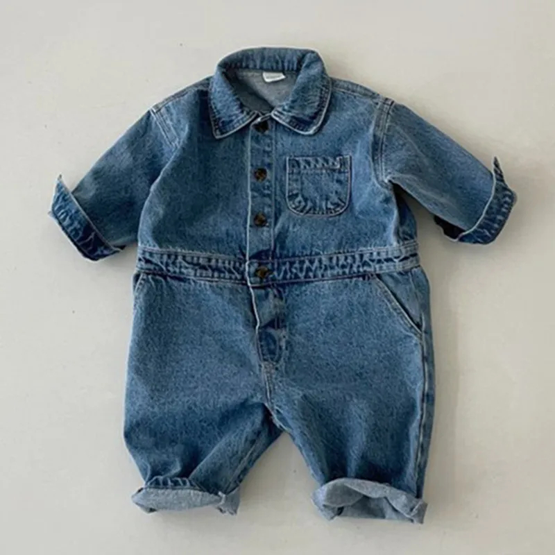 2026 Spring Autumn Boys Girls Cowboy Broken Hole Jumpsuits Clothes Newborn Baby Boys Girls Long Sleeve Rompers Children Rompers
