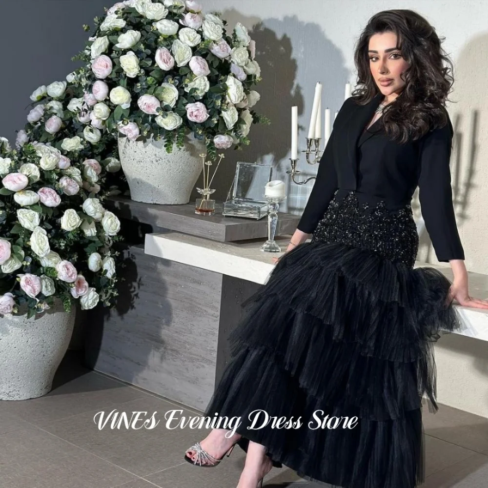 VINES Elegant Black Prom Dress Two-Piece Evening Dress with Sequin Beaded Layered Tiered Tulle Skirt Party Gown Color Customized