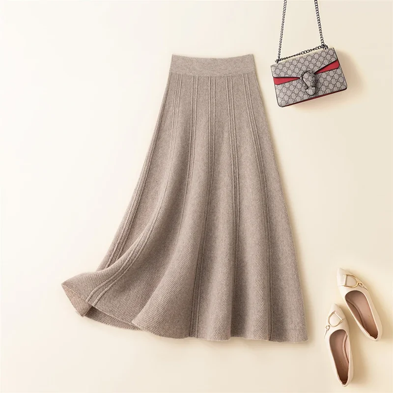

Autumn Woman's Clothing Skirt Elastic High Waist A-Line Skirt 100% Woollen Computer Knitted Jumper Korean Mid Calf Skirt A232