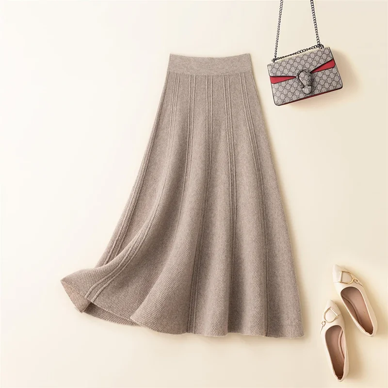 Autumn Woman's Clothing Skirt Elastic High Waist A-Line Skirt 100% Woollen Computer Knitted Jumper Korean Mid Calf Skirt A232